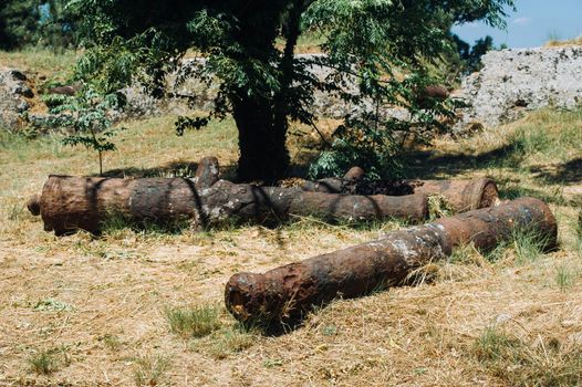 Ancient cannons on the territory of the fortress of the island of Zakynthos, Greece.