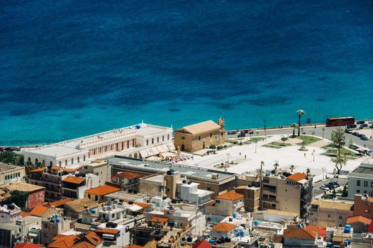 view from the height of the Church of the island of Zakynthos.In the distance, a ferry sails across the Ionian sea. the island of Zakynthos, Greece.