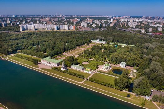 View from the height of the Kuskovo Estate in Moscow, Russia. Kuskovo manor is a unique monument of the XVIII century, a summer residence in Moscow.