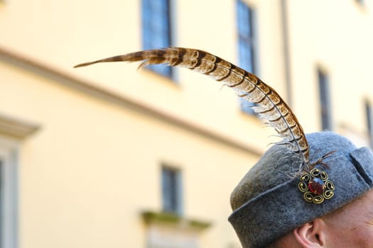 A feather in an old soldier's hat.Medieval concept.