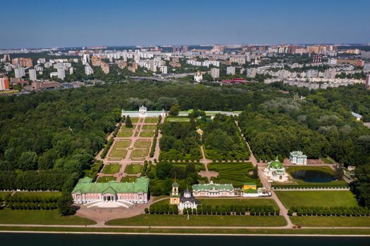 View from the height of the Kuskovo Estate in Moscow, Russia. Kuskovo manor is a unique monument of the XVIII century, a summer residence in Moscow.