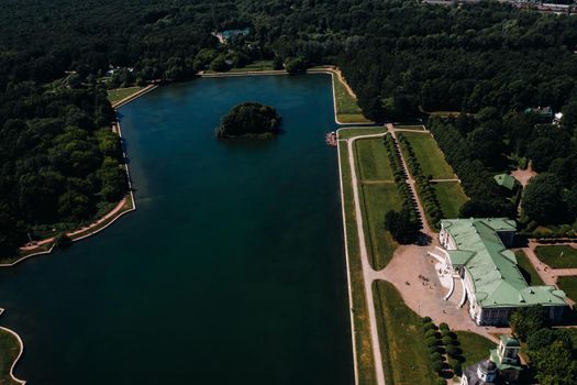 View from the height of the Kuskovo Estate in Moscow, Russia. Kuskovo manor is a unique monument of the XVIII century, a summer residence in Moscow.