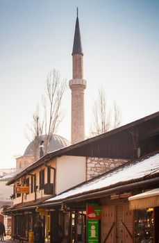 SARAJEVO, BOSNIA-ERZEGOVINA - FEBRUARY, 16: View of the Bascarsijska Dzamija minaret on February 16, 2018