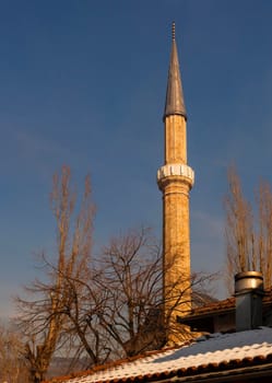 SARAJEVO, BOSNIA-ERZEGOVINA - FEBRUARY, 16: View of the Bascarsijska Dzamija minaret on February 16, 2018