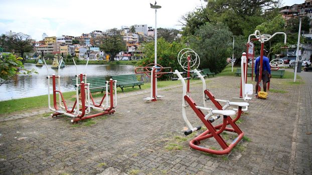 ssalvador, bahia, brazil - august 17, 2021: open-air gym equipment are seen on the dique de Itororo in the city of Salvador.