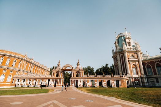 Grand Palace in Tsaritsyno in summer, Russia. Tsaritsyno Park is one of the main tourist attractions in Moscow. Beautiful scenic view of the old Tsaritsyn complex in summer.