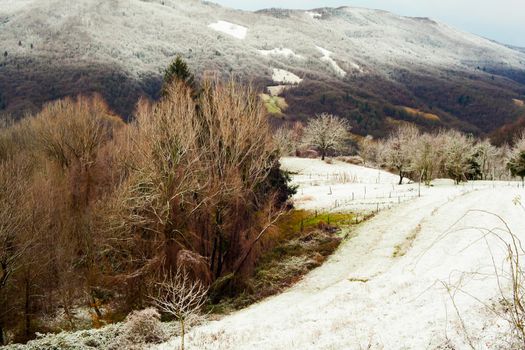 View of Slovenian mountains covered by snow