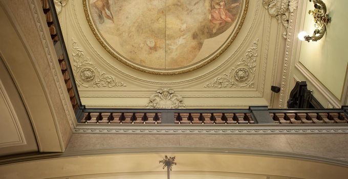 View of the ceiling frescoes of of the Giureconsulti palace in Milan. Italy