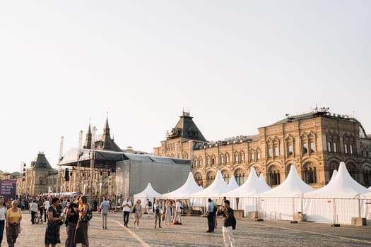 June 6, 2019.Red Square, Moscow, Russia.Kremlin towers and tourists on Red Square at sunset in Moscow.