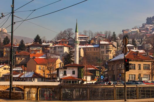 SARAJEVO, BOSNIA-ERZEGOVINA - FEBRUARY, 16: The Vekil-Harrach or Hadzijska mosque near the latin bridge on February 15, 2018