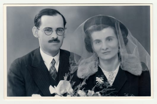 THE CZECHOSLOVAK REPUBLIC, CIRCA 1935: A vintage photo shows wedding portrait of newly-weds, circa 1935.