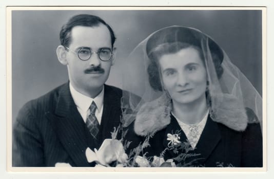 THE CZECHOSLOVAK REPUBLIC, CIRCA 1935: A vintage photo shows wedding portrait of newly-weds, circa 1935.