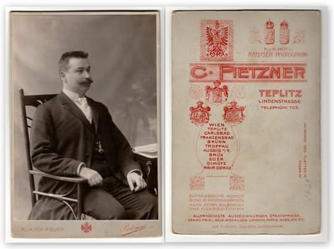 TEPLICE, THE CZECHOSLOVAK REPUBLIC - CIRCA 1930s: Vintage photo shows man sits on a chair. Front and back of vintage photo.