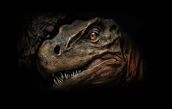 Close up on a The head of dinosaur in the dark background. High quality photo