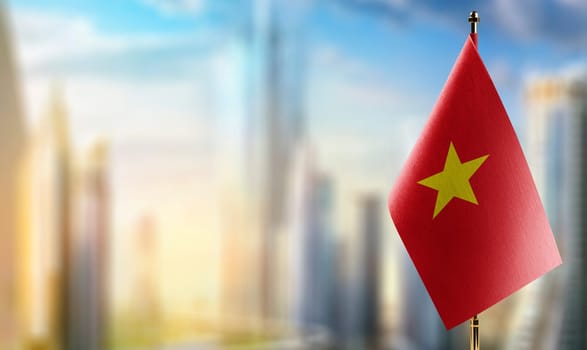 Small flags of the Vietnam on an abstract blurry background.