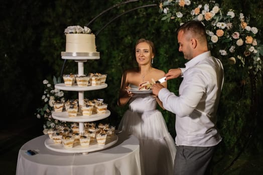 newlyweds happily cut, laugh and taste the wedding cake