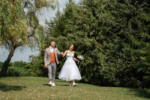 the first meeting of the bride and groom in wedding outfits in the park