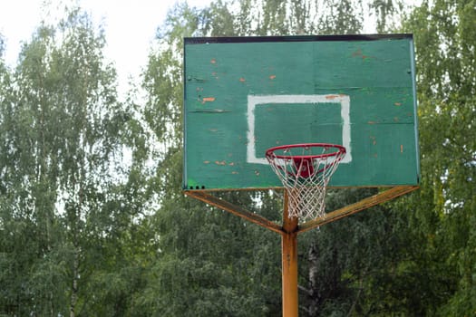 an old basketball hoop on the background of a forest. Outdoor sports games. Sports activities. Sports equipment