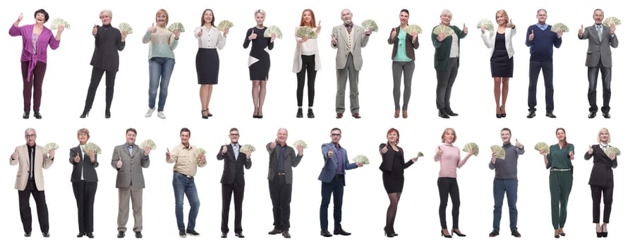group of successful people with money in their hands on a white background