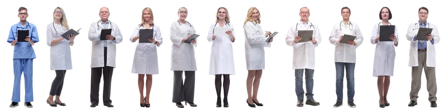 group of doctors in full length isolated on white background