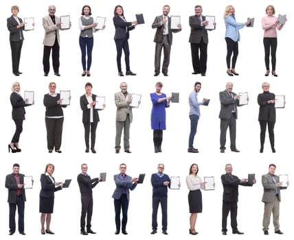 group of successful people with notepad in hands isolated on white background