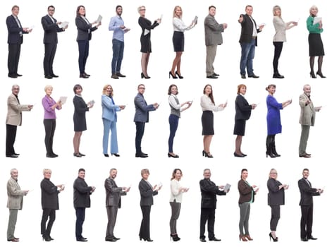 group of people demonstrating tablet looking at camera isolated on white background