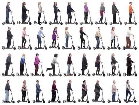 group of successful people on scooter isolated on white background