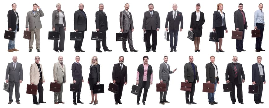 collage, group of businessmen with briefcase isolated on white background
