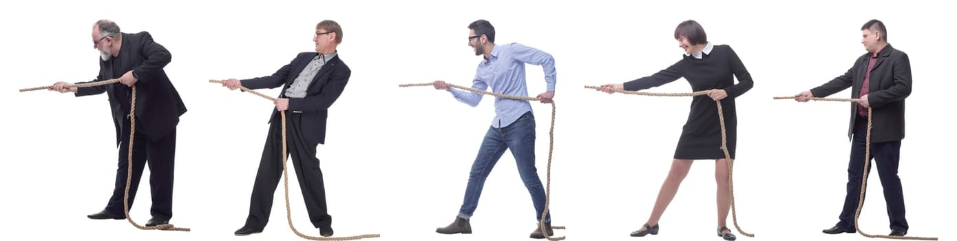 Business people pulling rope isolated on white background
