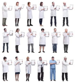 full length group of doctors with notepad isolated on white background