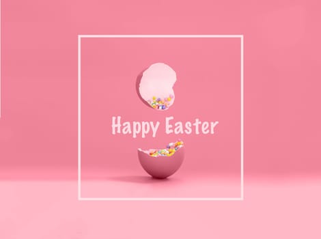 Broken decorative easter egg with colorful confetti. Minimal composition, vivid color pastel pink background. Copy space. Text Happy Easter.