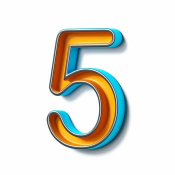 Orange blue thin metal font Number 5 FIVE 3D rendering illustration isolated on white background