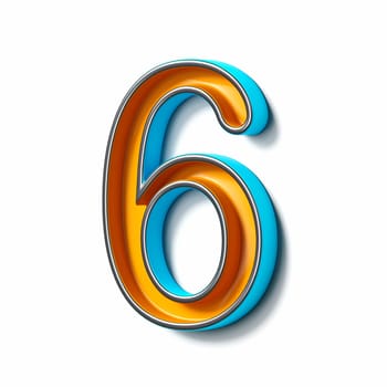 Orange blue thin metal font Number 6 SIX 3D rendering illustration isolated on white background
