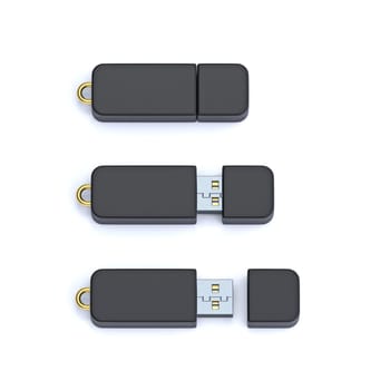 Black mock up USB flash drive 3D rendering illustration isolated on white background