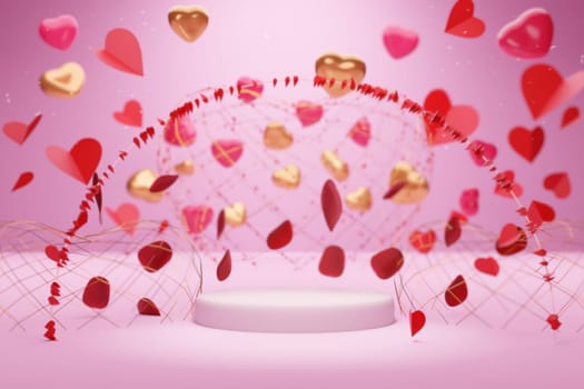 Happy Valentine's Day holiday banner Hello background with abstract 3D elements for Valentine's Day. 3D rendering of hearts, balloons and rose petals behind the podium.