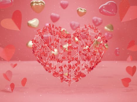 Happy Valentines Day with 3d rendering of red heart Paper cut shapes on red background. Gift card, love party, invitation voucher design, poster template.