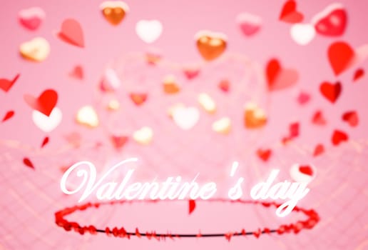 Happy Valentine's Day holiday banner Hello background with abstract 3D elements for Valentine's Day. 3D rendering of hearts, balloons and rose petals .
