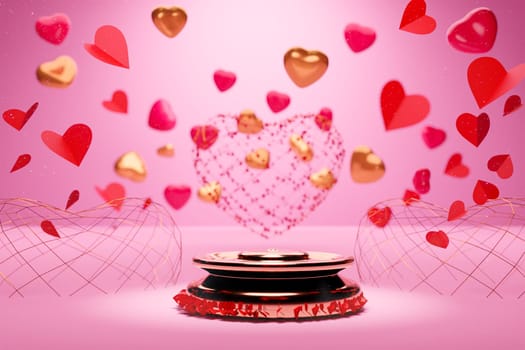 Podium round stage for Happy Valentines Day with 3d rendering of red and golden heart Paper cut shapes on pink background. Gift card, love party, invitation voucher design, poster template.