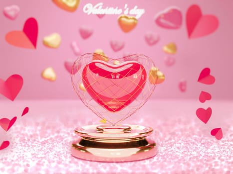 Podium round stage for Happy Valentines Day with 3d rendering of red and golden heart Paper cut shapes on pink background. Gift card, love party, invitation voucher design, poster template.