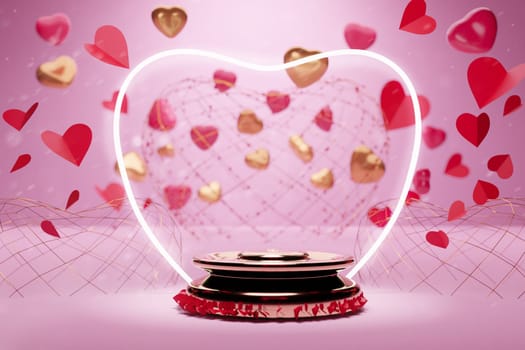 Podium round stage for Happy Valentines Day with 3d rendering of red and golden heart Paper cut shapes on pink background. Gift card, love party, invitation voucher design, poster template.