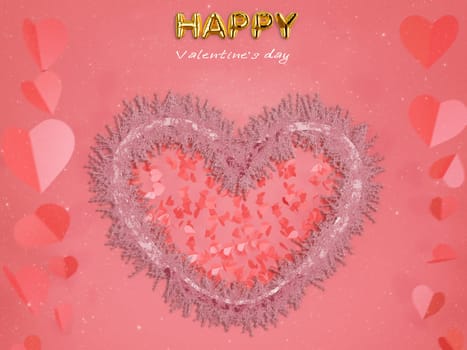 Happy Valentines Day with 3d rendering of red heart Paper cut shapes on red background. Gift card, love party, invitation voucher design, poster template.