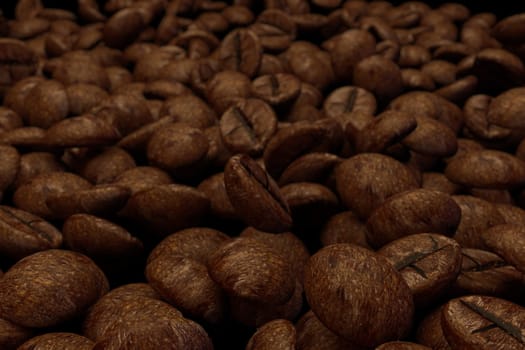 Roasted coffee beans isolated on black background, 3d rendering.