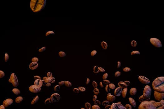 Flying roasted coffee beans drop in the air ,isolated on black background, 3d rendering.