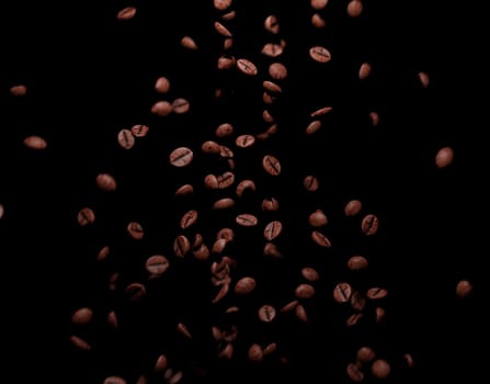 Flying roasted coffee beans drop in the air ,isolated on black background, 3d rendering.