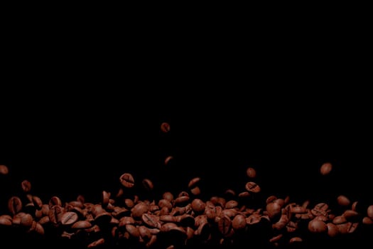 Flying roasted coffee beans drop in the air ,isolated on black background, 3d rendering.