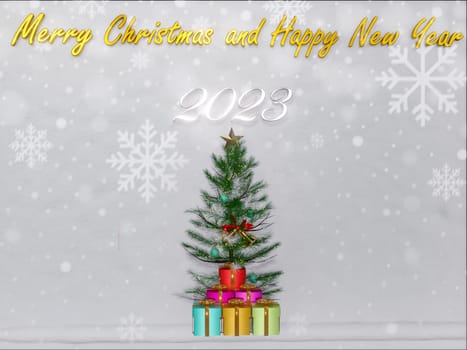 Christmas background 3D rendering. Top view of Christmas tree with spruce branches, pine cones on snow white background.