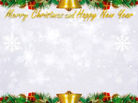 Christmas background 3D rendering. Top view of Christmas tree with spruce branches, pine cones on snow white background.