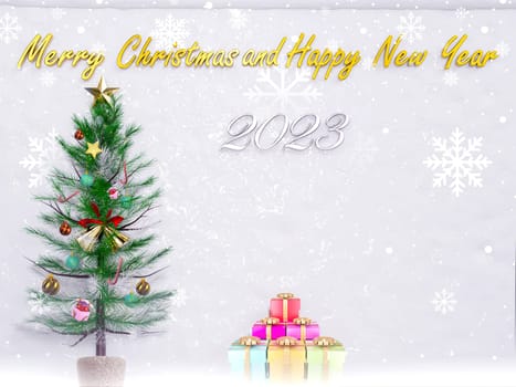 Christmas background 3D rendering. Top view of Christmas tree with spruce branches, pine cones on snow white background.