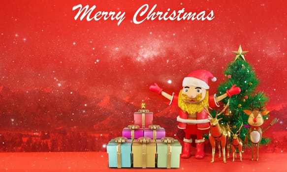 Merry Christmas and New Year background 3D rendering. New year and Christmas Background. Celebrate party 2023. Santa Claus ,Reindeer ,Gift boxes with ribbon and small pine tree . Greeting card, banner, poster.