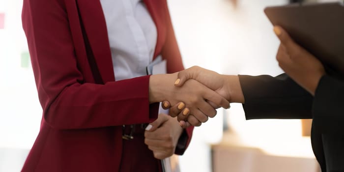 Young business people shaking hands in the office. Finishing successful meeting..